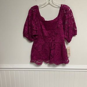 Nanette Lepore lace blouse Raspberry peplum top ruffle back zip size M